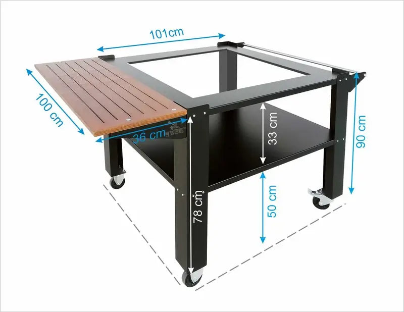 Bello stand dimensions drawing: 101 cm wide, 100 cm deep, 36 cm side shelf, 90 cm to the top, 78 cm leg height, lower shelf 50 cm off the ground