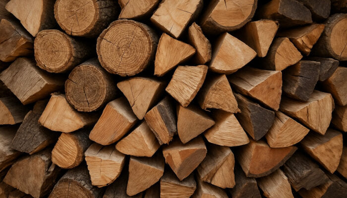 Split seasoned hardwood logs stacked ready for use in a wood fired outdoor pizza oven