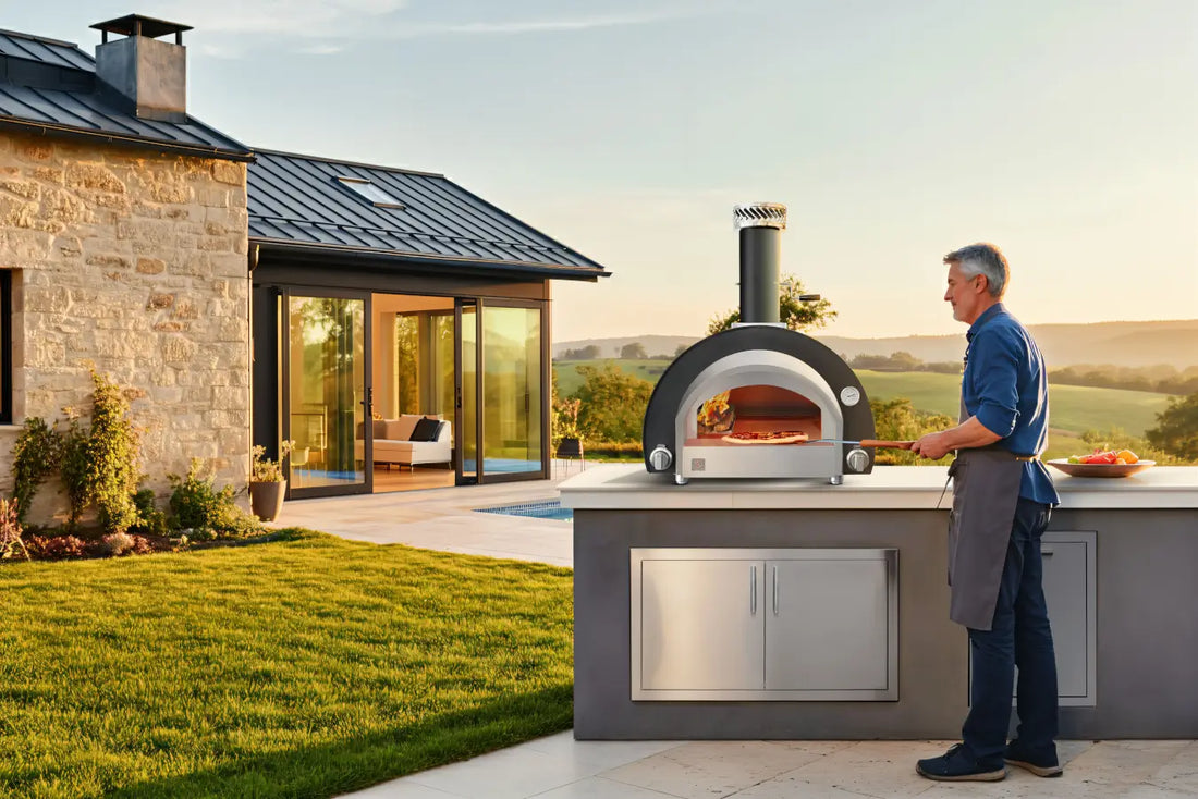Dual fuel pizza oven with a live fire on a built-in outdoor kitchen island