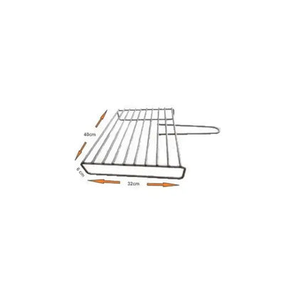 Dimension drawing of the Authentic Pizza Ovens BBQ grill rack showing the 40 by 32 cm grate on 6 cm legs with the pull handle