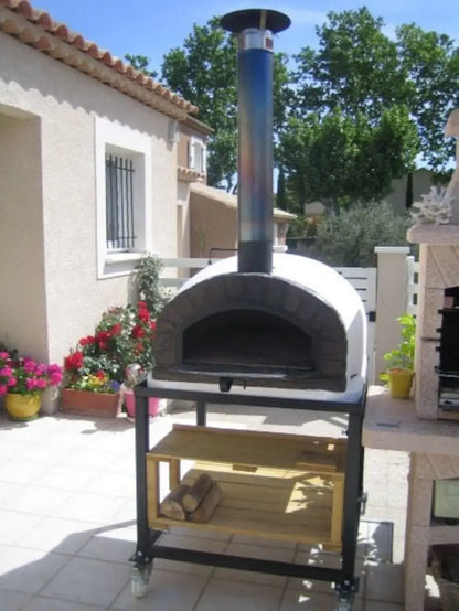 Stainless chimney extension pipe and cap fitted on an Authentic Pizza Ovens brick arch oven on a steel cart