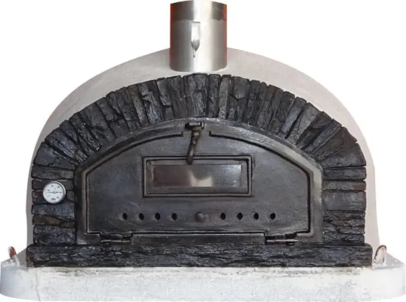 Authentic Pizza Ovens Buena Ventura Preto brick pizza oven, front view, gray and black stacked stone facade with cast aluminum door