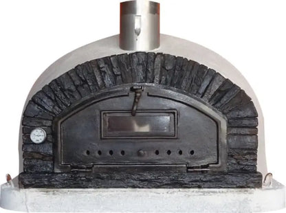 Authentic Pizza Ovens Buena Ventura Preto brick pizza oven, front view, gray and black stacked stone facade with cast aluminum door