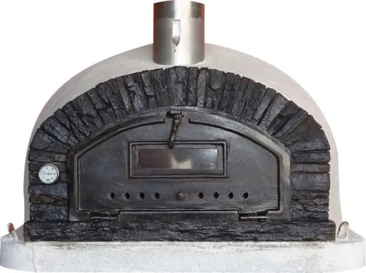 Authentic Pizza Ovens Buena Ventura Preto brick pizza oven, front view, gray and black stacked stone facade with cast aluminum door