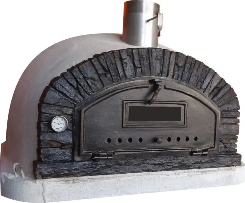 Buena Ventura Preto pizza oven from the left with the dial thermometer fitted beside the drop down door