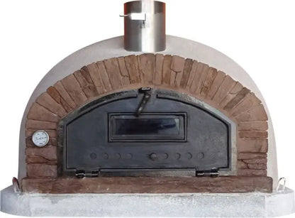 Authentic Pizza Ovens Buena Ventura Sierra brick pizza oven, front view, sandy tan stacked stone facade with cast aluminum door