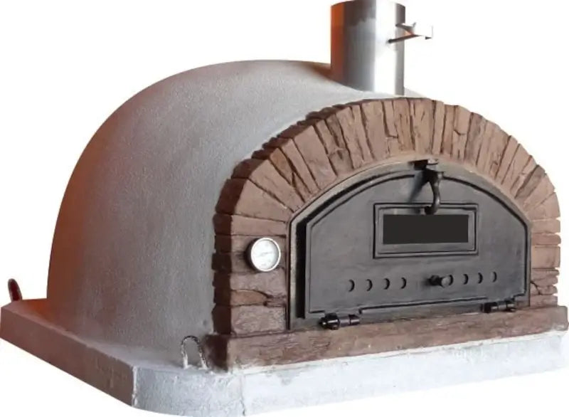 Buena Ventura Sierra pizza oven from the left showing the low white render dome behind the tan stone arch