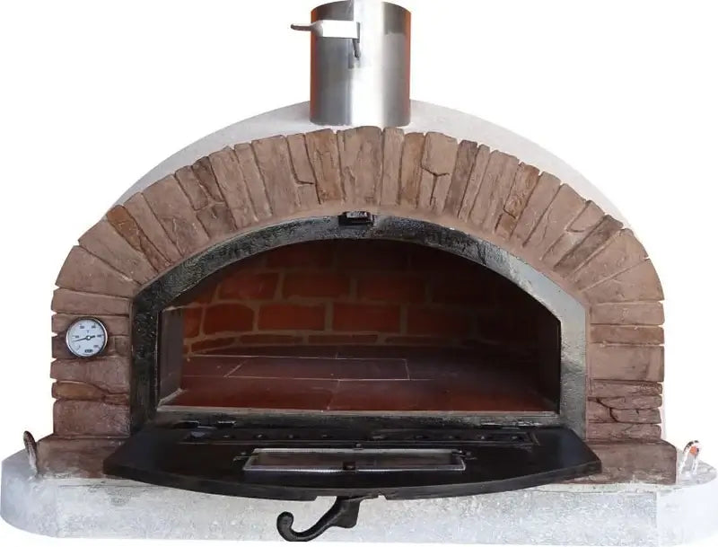 Buena Ventura Sierra pizza oven from the right with the dial thermometer fitted beside the drop down door