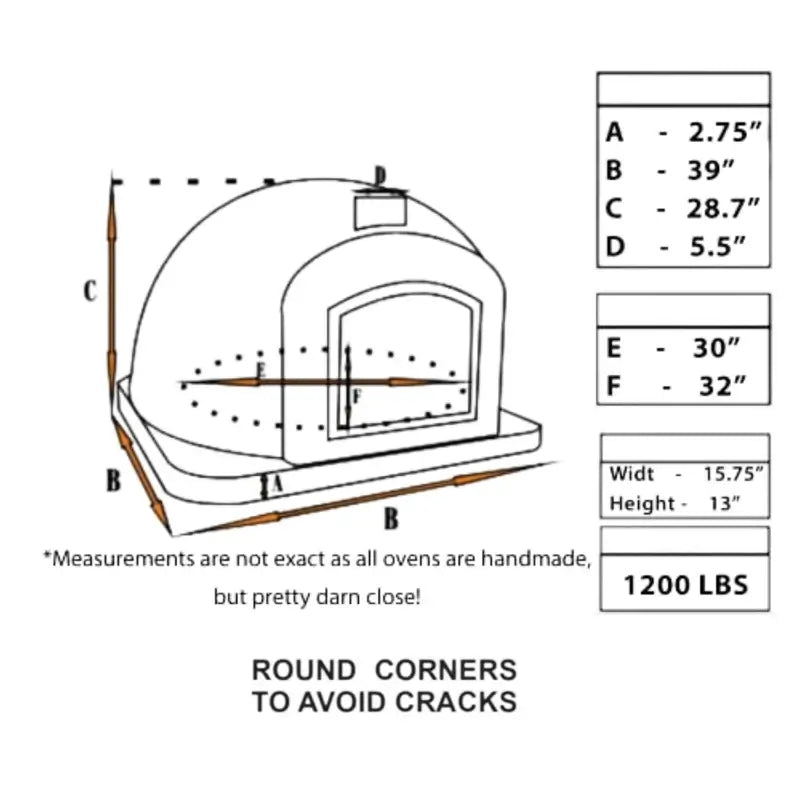 Lisboa dome dimensions drawing: 39 inch base, 30 by 32 inch floor, 5.5 inch chimney spout, 1,200 pounds, with the note to round corners to avoid cracks