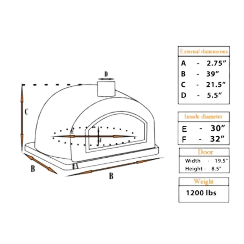 Pizzaioli dome dimensions drawing: 39 inch base, 30 by 32 inch floor, 5.5 inch chimney spout, 1,200 pounds
