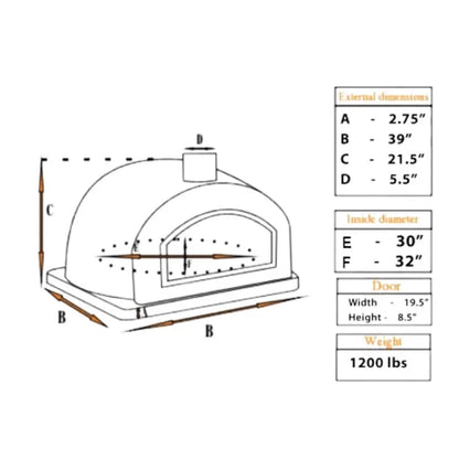 Pizzaioli dome dimensions drawing: 39 inch base, 30 by 32 inch floor, 5.5 inch chimney spout, 1,200 pounds