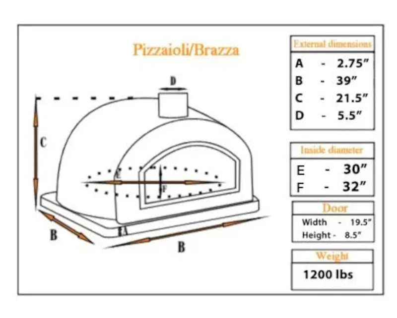 Pizzaioli Premium dimension drawing, 39 in wide, 21.5 in tall, 30 x 32 in floor, 1,200 lb