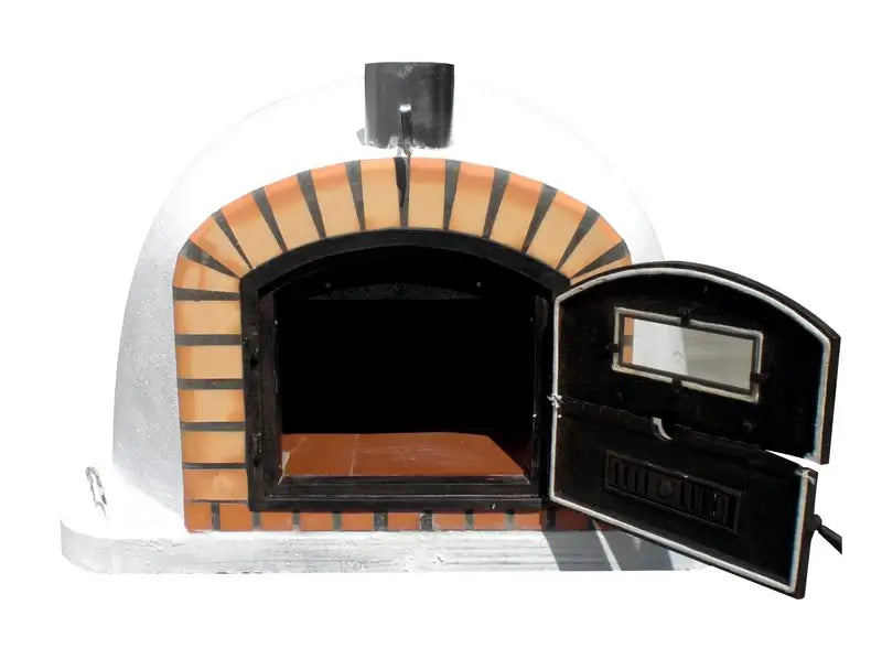 Lisboa Premium pizza oven with the cast aluminum Dutch door open, showing the firebrick floor and dome interior