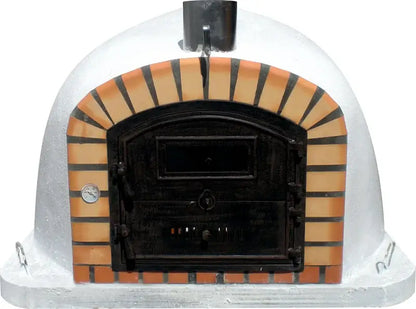 Authentic Pizza Ovens Lisboa Premium brick pizza oven, front view, terracotta brick arch and white dome with cast aluminum door