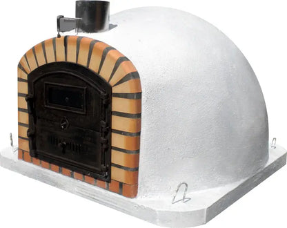 Lisboa Premium pizza oven side angle showing the white dome, chimney spout with damper, and steel lifting loops on the base