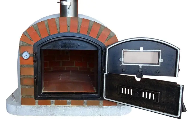 Lisboa Rustic Arch pizza oven with both halves of the Dutch door open, showing the firebrick floor and dome interior