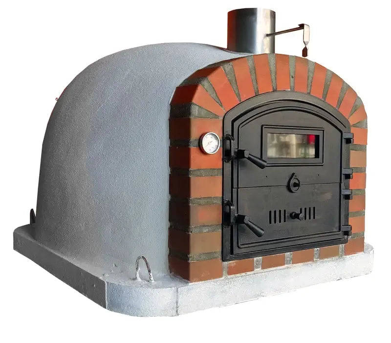 Authentic Pizza Ovens Lisboa Rustic Arch brick pizza oven, rustic red brick arch and white dome with cast aluminum door and stainless chimney