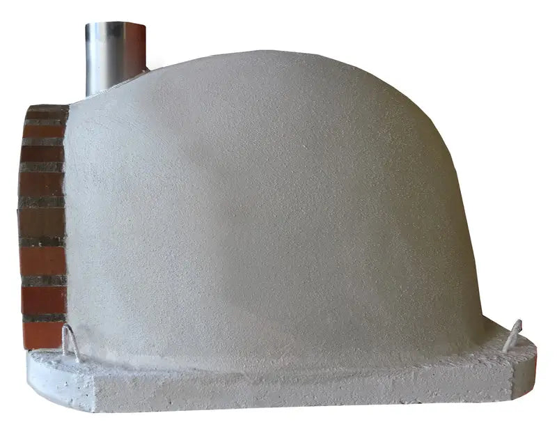 Side profile of the Lisboa Rustic Arch pizza oven showing the dome depth, chimney position, and lifting loops on the base