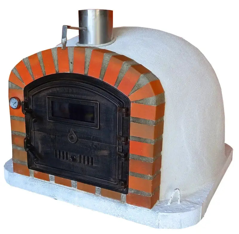 Lisboa Rustic Arch pizza oven side angle showing the tumbled brick arch, white dome, and chimney spout with damper