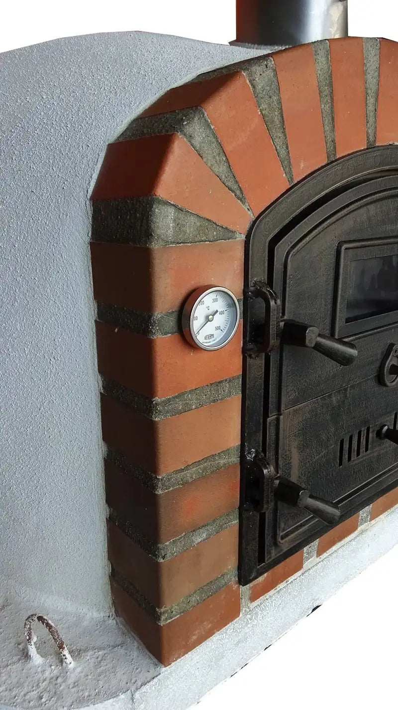 Close view of the Lisboa Rustic Arch brick arch, Celsius thermometer, and cast aluminum door hinges and latches