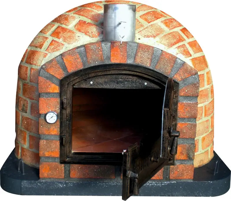 Rustic Lisboa pizza oven front view with the Dutch door open, showing the firebrick floor and full brick dome