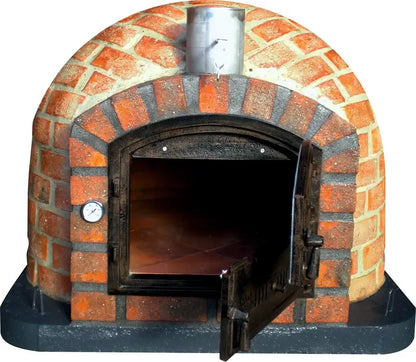Rustic Lisboa pizza oven front view with the Dutch door open, showing the firebrick floor and full brick dome