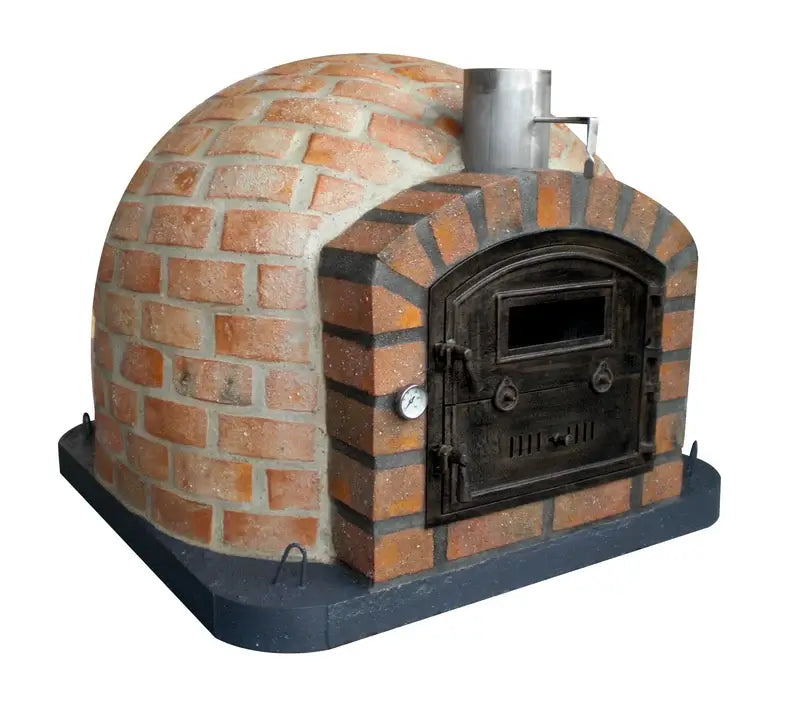 Authentic Pizza Ovens Rustic Lisboa brick pizza oven, tumbled brick over the entire dome with cast aluminum door and stainless chimney