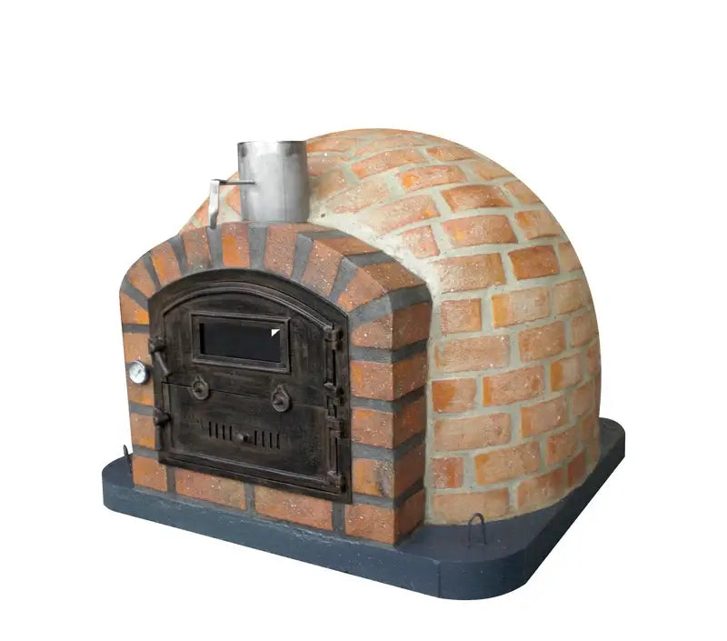 Rustic Lisboa pizza oven rear angle showing brick over the full dome, chimney spout with damper, and the 43 inch base