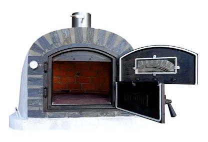 Lisboa Stone Arch pizza oven with both halves of the Dutch door open, showing the firebrick interior and floor