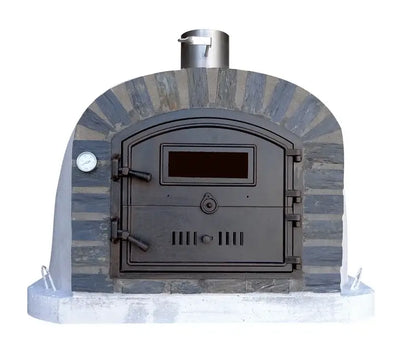 Authentic Pizza Ovens Lisboa Stone Arch brick pizza oven, front view, natural gray stone arch and white dome with cast aluminum door