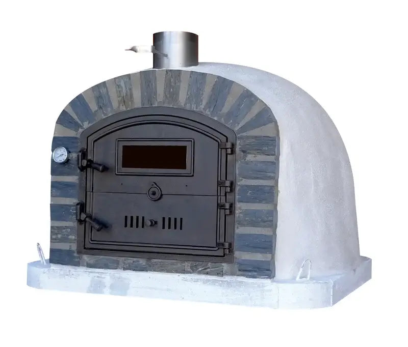 Lisboa Stone Arch pizza oven side angle showing the stone arch, white dome, stainless chimney spout, and lifting loops