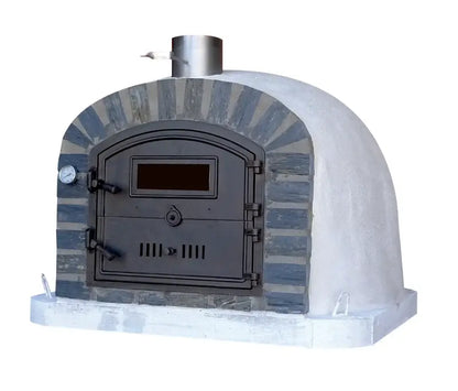 Lisboa Stone Arch pizza oven side angle showing the stone arch, white dome, stainless chimney spout, and lifting loops