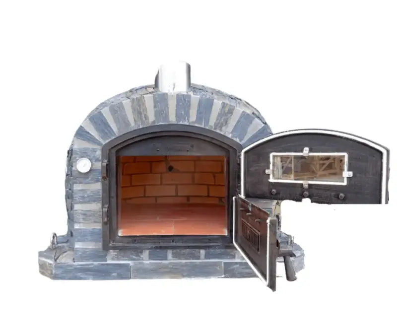 Lisboa Stone Finish pizza oven with both halves of the Dutch door open, showing the firebrick interior and floor