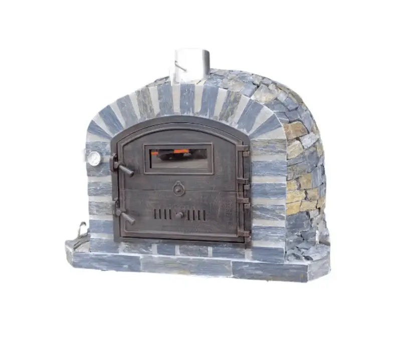 Authentic Pizza Ovens Lisboa Stone Finish brick pizza oven, slate stone over the arch and the full dome, cast aluminum door and stainless chimney