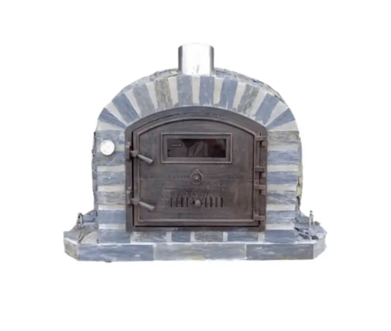 Lisboa Stone Finish pizza oven front view showing the gray slate stone arch, Celsius thermometer, and Dutch door with viewing window
