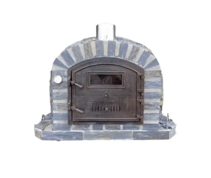 Lisboa Stone Finish pizza oven front view showing the gray slate stone arch, Celsius thermometer, and Dutch door with viewing window