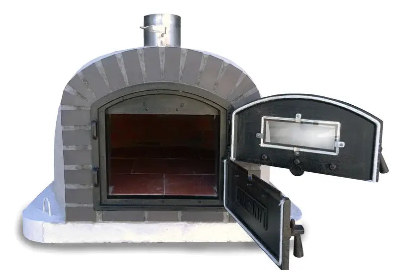 Lume Alto Premium pizza oven with the full door swung open showing the fire brick dome and tiled cooking floor