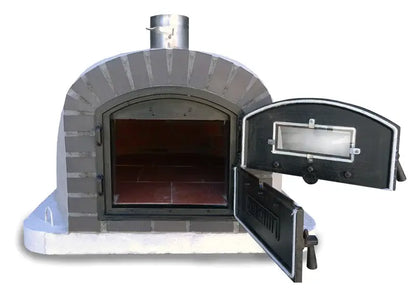 Lume Alto Premium pizza oven with the full door swung open showing the fire brick dome and tiled cooking floor