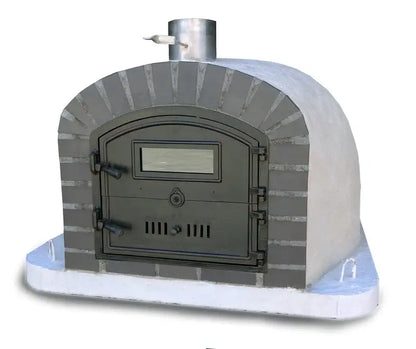 Authentic Pizza Ovens Lume Alto Premium pizza oven, three quarter view, gray cast stone front block and white dome with stainless chimney spout
