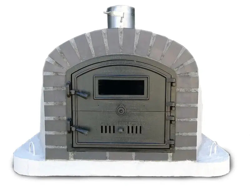 Lume Alto Premium pizza oven straight on, black cast aluminum Dutch door with viewing window set in a gray cast stone arch