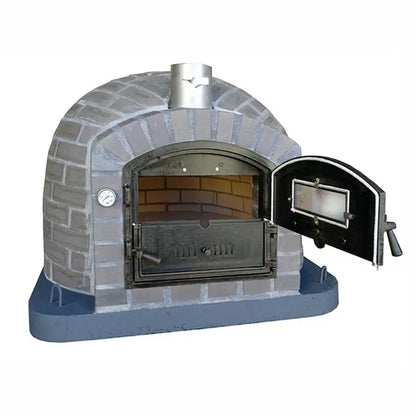 Lume Alto Tudo pizza oven with the top half of the Dutch door open showing the fire brick dome and tiled cooking floor