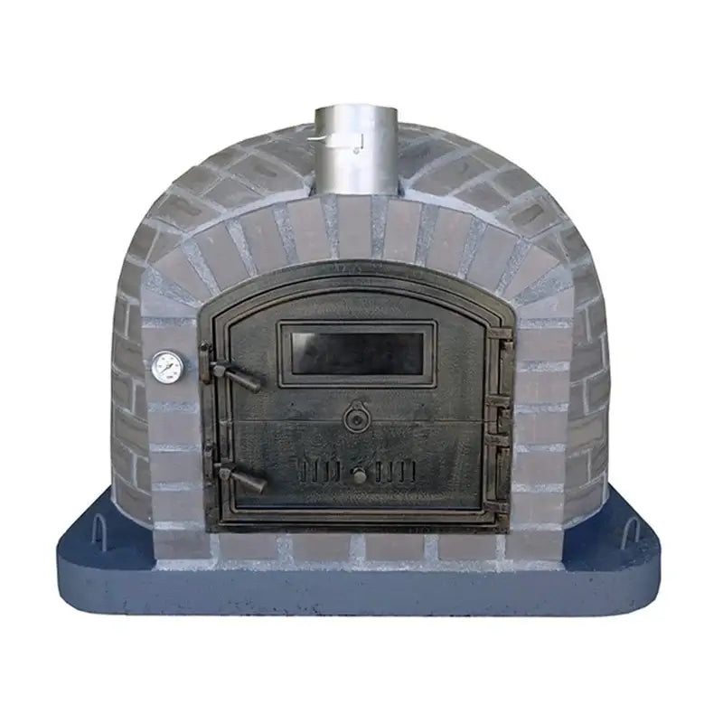 Authentic Pizza Ovens Lume Alto Tudo pizza oven straight on, gray cast stone in a brick pattern over the full dome with a black Dutch door and thermometer