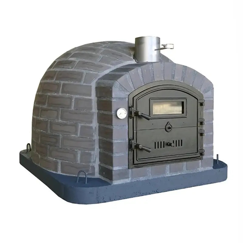 Lume Alto Tudo pizza oven from the side with the gray cast stone dome, front block, and thermometer beside the door