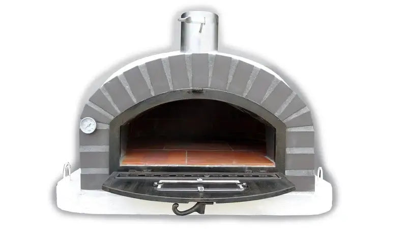 Lume Largo Premium pizza oven with the drop down door open flat, showing the wide low mouth and the tiled fire brick cooking floor