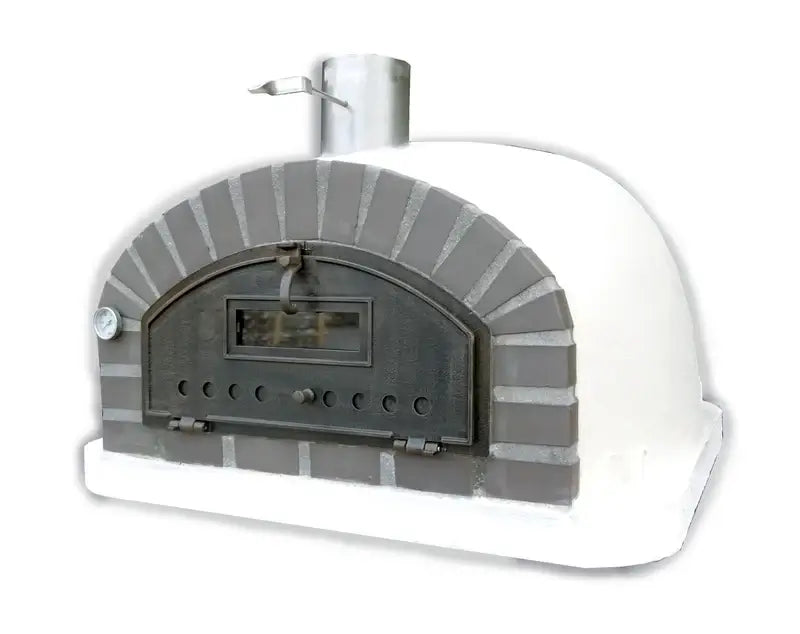 Lume Largo Premium pizza oven with a white dome, gray cast stone brick pattern arch, black cast aluminum door with viewing window, and stainless chimney spout