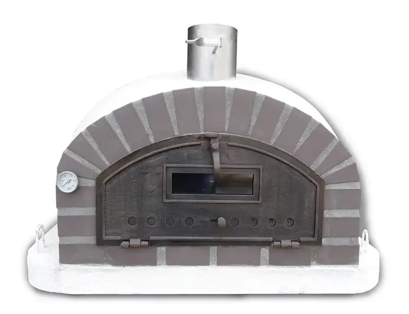 Authentic Pizza Ovens Lume Largo Premium pizza oven straight on, gray cast stone arch on a white dome with the drop down door latched and the thermometer beside it