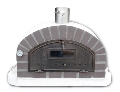 Authentic Pizza Ovens Lume Largo Premium pizza oven straight on, gray cast stone arch on a white dome with the drop down door latched and the thermometer beside it