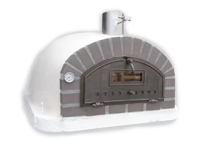 Lume Largo Premium pizza oven from the side showing the low white render dome behind the gray cast stone front block