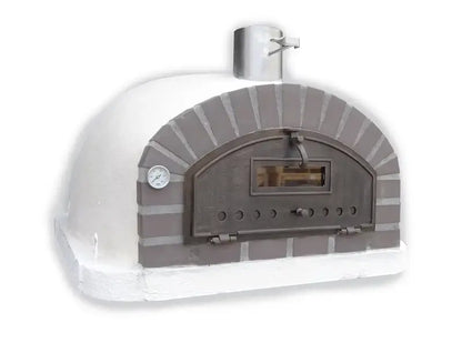 Lume Largo Premium pizza oven from the side showing the low white render dome behind the gray cast stone front block