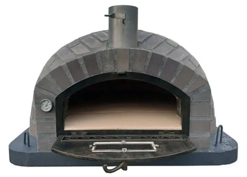 Lume Largo Tudo pizza oven with the drop down door open flat, showing the wide low mouth and the tiled fire brick cooking floor